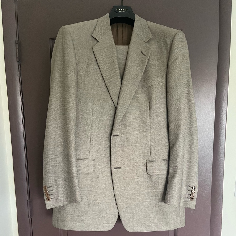 Canali, wool, 42L, tan/cream/brown small herringbone with light blue stripe